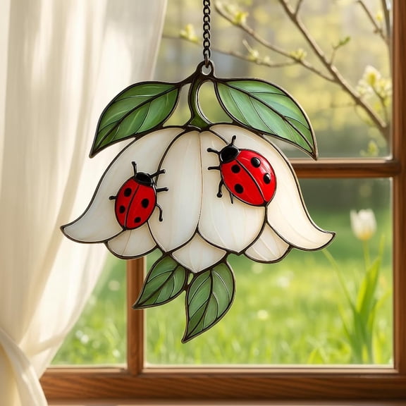 Ladybug on White Flower Acrylic Suncatcher Red Window Hanging Home Window Decor