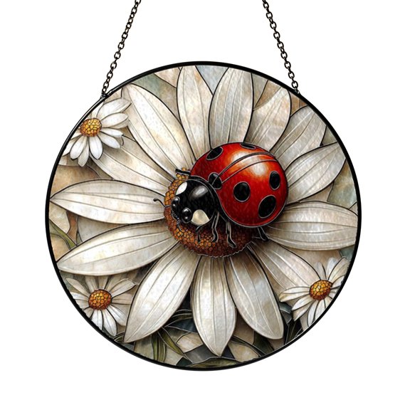 Ladybug with Daisy Flower Window Suncatcher, Stained Glass Style Garden Hanging Decor, Cheerful Nature Gift