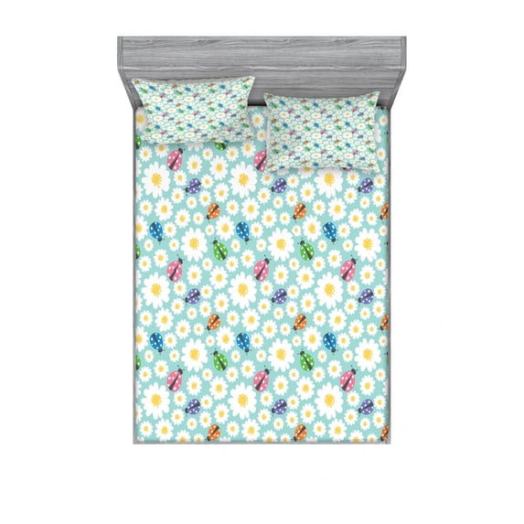Ladybugs Bedding Set with Sheet & Covers, Colorful Daisies Ladybirds Image Luck Charm Discover Your True Self Concept, Printed Bedroom Decor 2 Shams, 4 Sizes, Multicolor, by Ambesonne