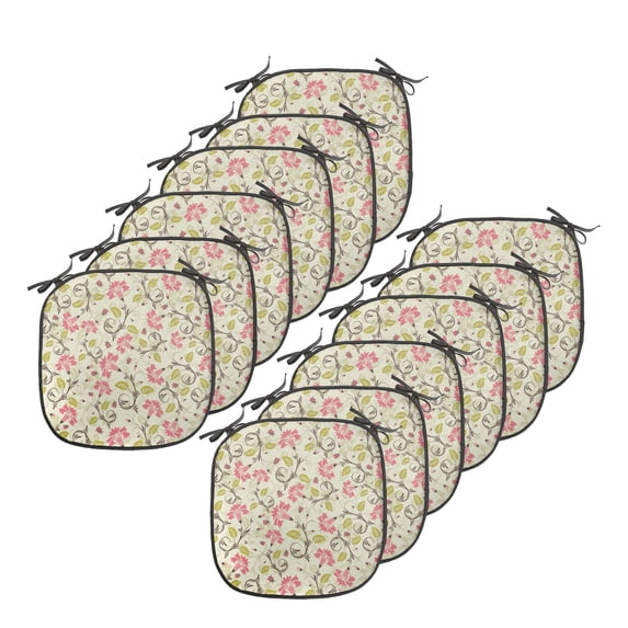 Ladybugs Chair Seating Cushion Set of 12, Curving Flower Design Ladybugs and Retro Animals Theme Curlicue Swirls, Seat Pads with Anti-slip Backing, 16"x16", Pale Green and Pink, by Ambesonne