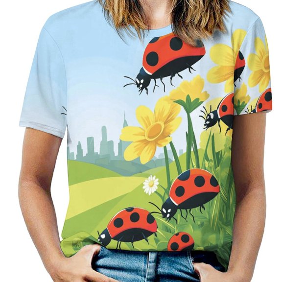 Ladybugs & Daisies Garden Womens Tops Women's Fashion Casual Short Sleeve Flower Print Round Neck Pullover Top Blouse