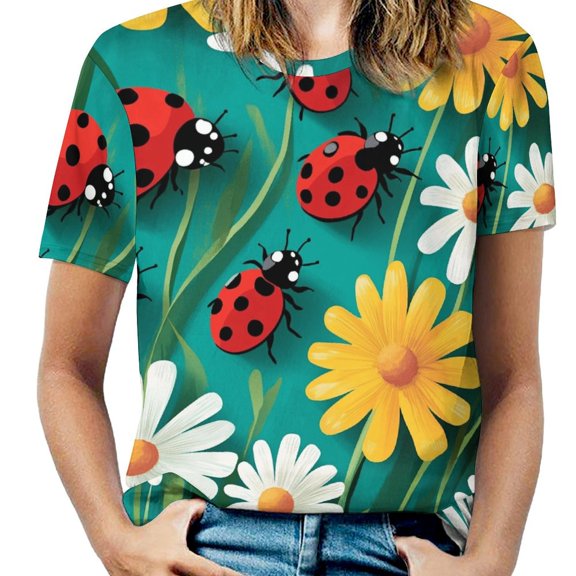 Ladybugs & Daisies Print-2 Womens Tops Women's Fashion Casual Short Sleeve Flower Print Round Neck Pullover Top Blouse