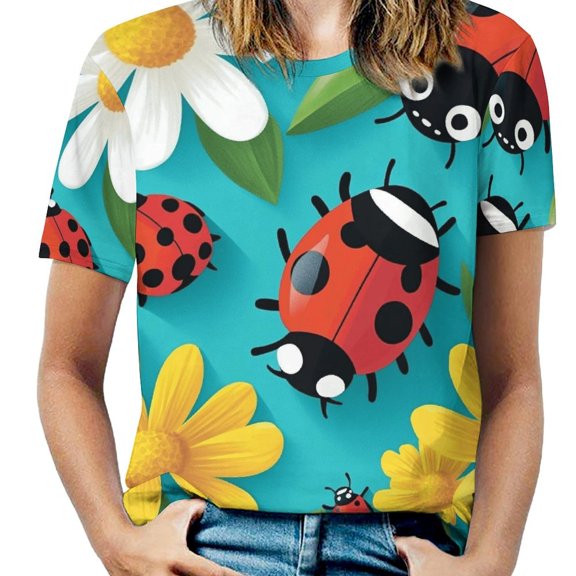 Ladybugs & Daisies Print Women's T-Shirt Short Sleeve T Shirts Tops Tee Ladies Loose T