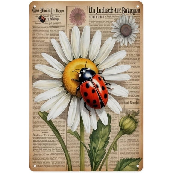 Ladybugs With Daisy Vintage Aluminum Sign Cute Insect & Floral Metal Tin Plaque for Garden Room, Kitchen, Home Decor Decor Spring Theme Gift 8x12 Inches