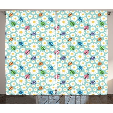 Ambesonne Cartoon Curtains 2 Panel Set, Daisies and Ladybugs, 108" x 90", Multicolor