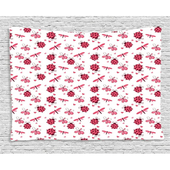 Ladybugs Decorations Tapestry, Ladybugs Hearts Flowers and Dragonflies on White Background Pattern , Wall Hanging for Bedroom Living Room Dorm Decor, 80W X 60L Inches, Red White, by Ambesonne