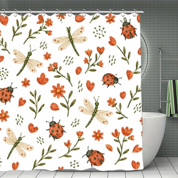 Ladybugs Dragonflies Pattern Print Shower Curtain,Cloth Fabric Waterproof Polyester Bathroom Home Decor Set with Hooks 70.870.8Inch