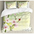 thumbnail image 1 of Ladybugs Duvet Cover Set, Blooming Flowers in the Field and Ladybugs Japanese Leaf Petals Nature Graphic, Decorative 3 Piece Bedding Set with 2 Pillow Shams, King Size, Green Pink, by Ambesonne, 1 of 3