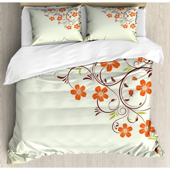 Ladybugs Duvet Cover Set, Flower Frame Tiny Little Bug and Swirl Branches Springtime Theme, Decorative 3 Piece Bedding Set with 2 Pillow Shams, Queen Size, Pale Green Red, by Ambesonne