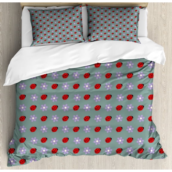 Ladybugs Duvet Cover Set King Size, Bugs and Flower Pattern Flora and Fauna Design Diagonal Lilacs and Beetle Ornament, Decorative 3 Piece Bedding Set with 2 Pillow Shams, Multicolor, by Ambesonne