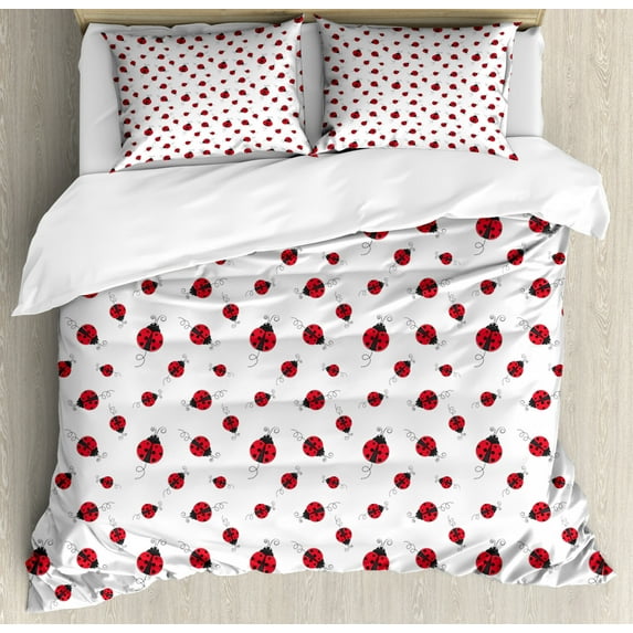 Ladybugs Duvet Cover Set Queen Size, Ladybug with Dotted Wings Swirls and Curves Pattern Animal, Decorative 3 Piece Bedding Set with 2 Pillow Shams, Charcoal Grey Vermilion White, by Ambesonne