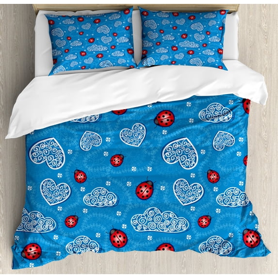 Ladybugs Duvet Cover Set Queen Size, Ladybugs and Ornate Clouds Magic in the Air Pure Hope Creatures Art Design Print, Decorative 3 Piece Bedding Set with 2 Pillow Shams, Blue Red, by Ambesonne