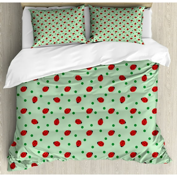 Ladybugs Duvet Cover Set Queen Size, Traditional Polka Dots Background Abstract Cute Ladybug Insects Fun Design, Decorative 3 Piece Bedding Set with 2 Pillow Shams, Green Red Black, by Ambesonne