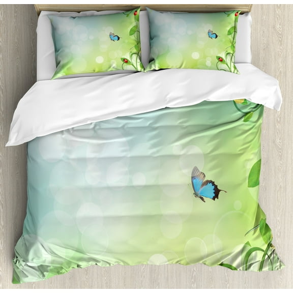 Ladybugs Duvet Cover Set, Spring Theme Flowers Bug and Butterflies Transformation Morph Print, Decorative 3 Piece Bedding Set with 2 Pillow Shams, King Size, Pale Green, by Ambesonne