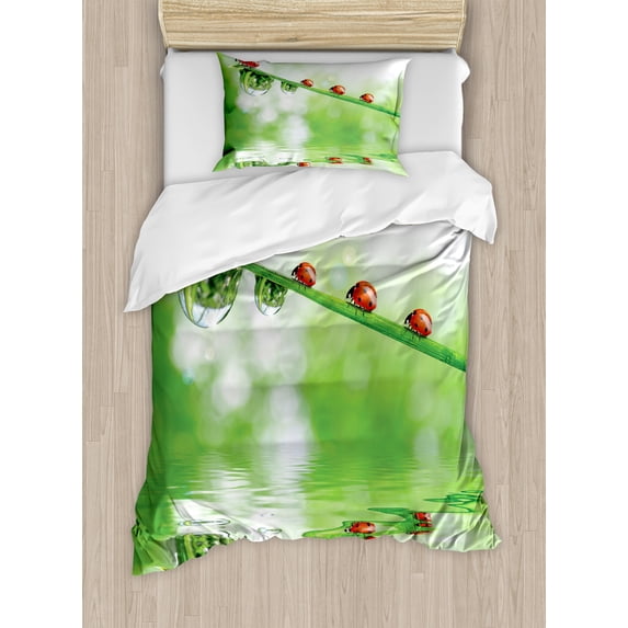 Ladybugs Duvet Cover Set, Ladybugs on a Stem over the Water Striped Animals Fresh Environmental Life Image, Decorative 2 Piece Bedding Set with 1 Pillow Shams, Twin Size, Red Green, by Ambesonne