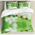 thumbnail image 1 of Ladybugs Duvet Cover Set, Ladybugs on a Stem over the Water Striped Animals Fresh Environmental Life Image, Decorative 3 Piece Bedding Set with 2 Pillow Shams, King Size, Red Green, by Ambesonne, 1 of 3