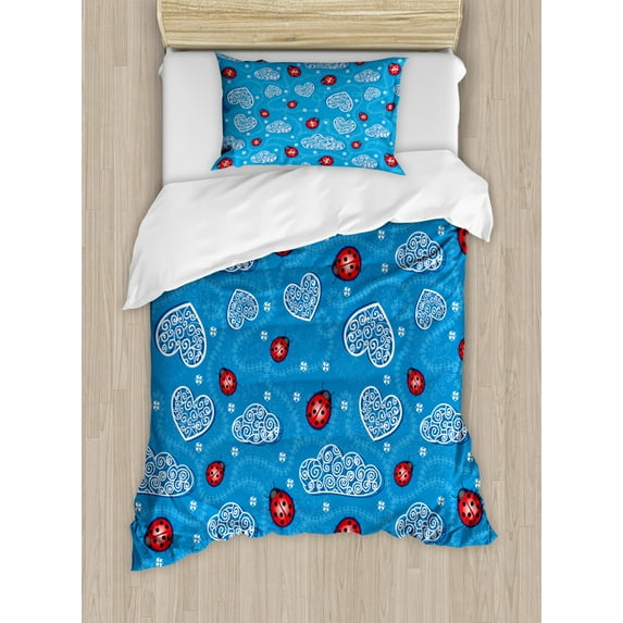 Ladybugs Duvet Cover Set Twin Size, Ladybugs and Ornate Clouds Magic in the Air Pure Hope Creatures Art Design Print, Decorative 2 Piece Bedding Set with 1 Pillow Sham, Blue Red, by Ambesonne