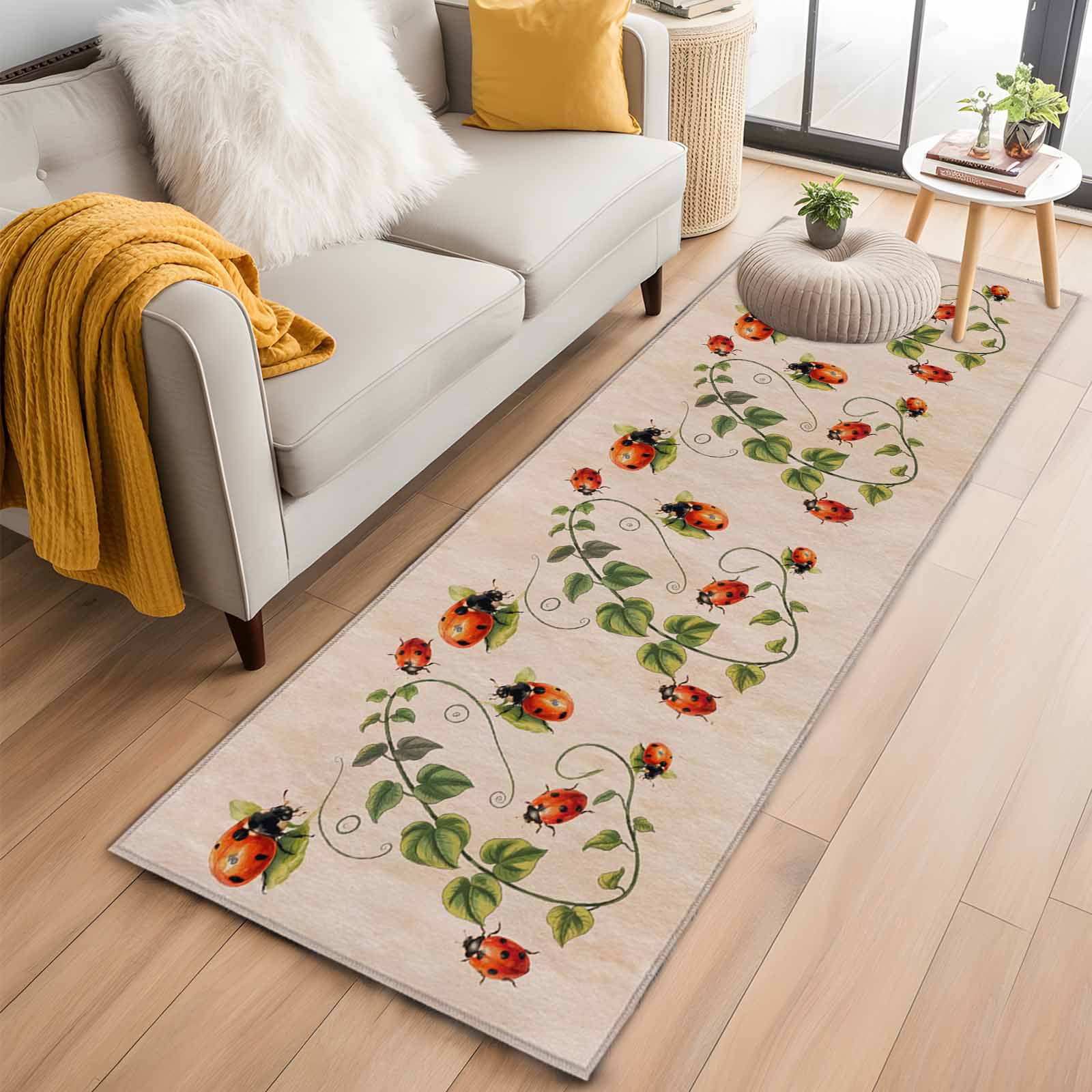 Ladybugs Eucalyptus 2'x6' Runner Rugs for Hallway Kitchen Bedside Non Slip Washable, Spring Botanical Leaves Retro Entryway Rug Runners with Rubber Backing, Long Carpet Runner for Laundry Room