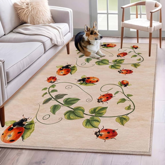 Ladybugs Eucalyptus 3'x5' Washable Rug, Spring Botanical Leaves Retro Non-Slip Area Rugs for Entryway Kitchen Classroom, StainResistant Dorm Throw Carpet, Low Pile Soft Indoor Floor Mat
