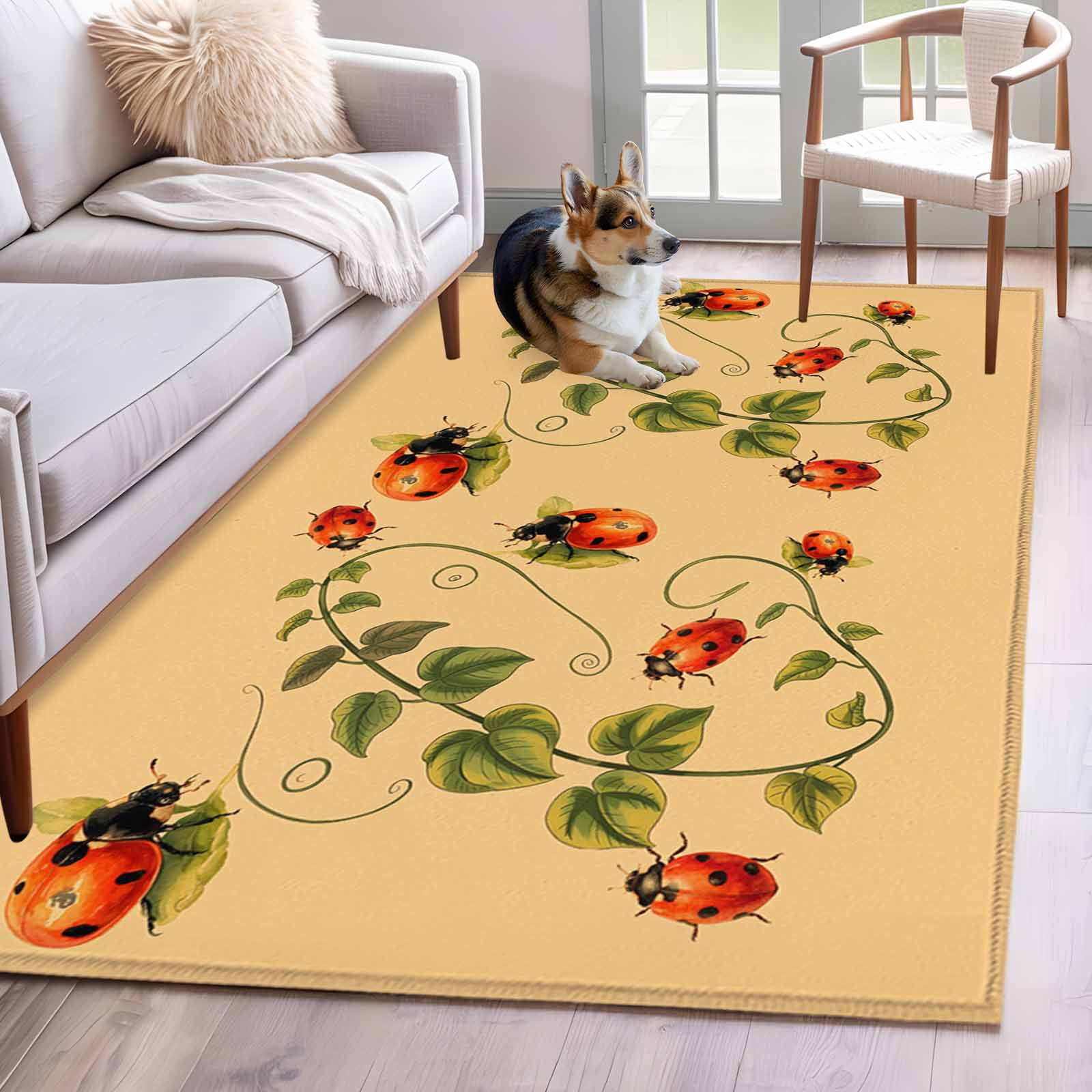 Ladybugs Eucalyptus Area Rugs 2.7'x5', Washable Small Throw Rugs for Kitchen Bedroom, Spring Botanical Leaves Yellow Indoor Outdoor Rug Non-Slip Low Pile Carpet Runner Reversible Floor Mats
