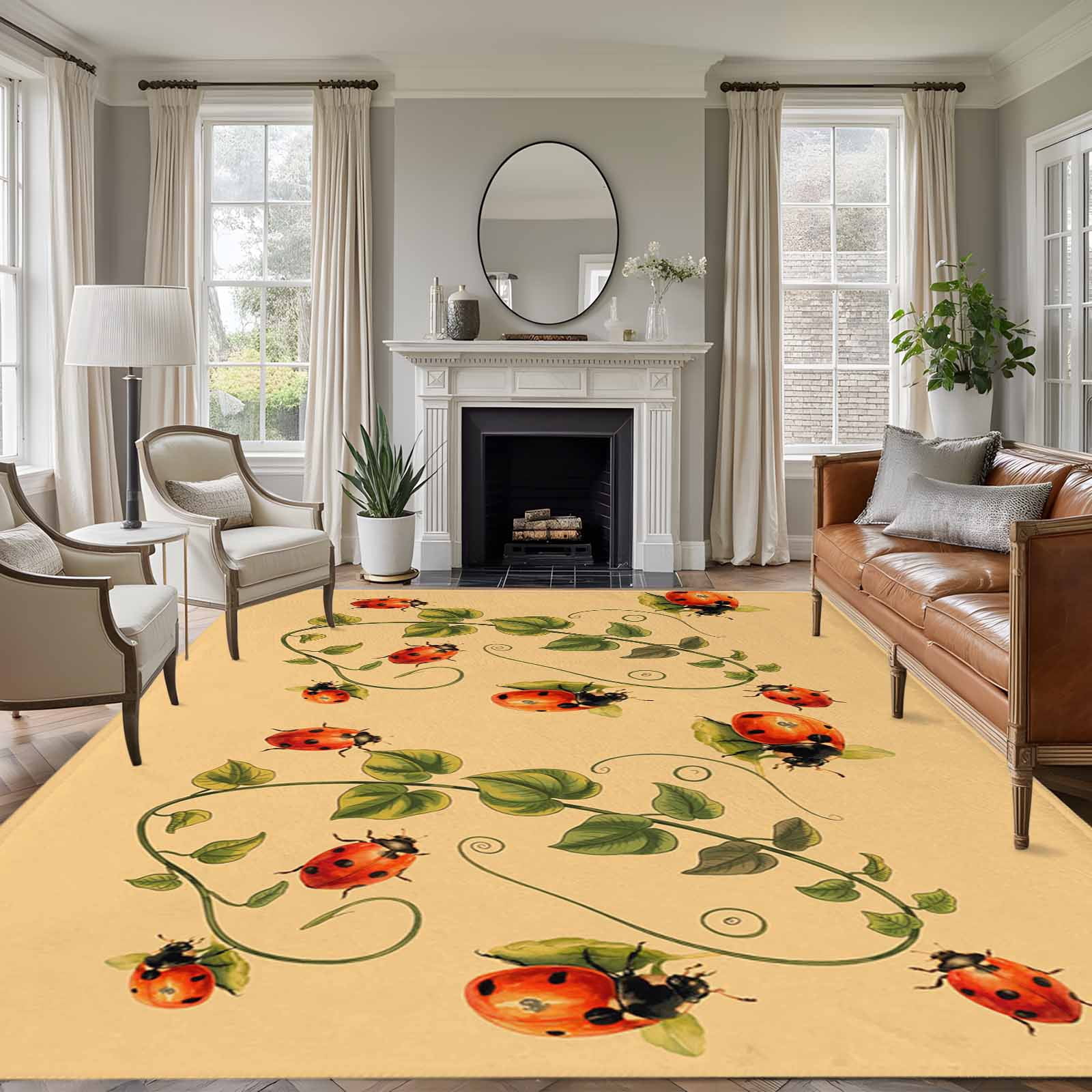 Ladybugs Eucalyptus Area Rugs 5'x7', Washable Small Throw Rugs for Laundry Room Playroom, Spring Botanical Leaves Yellow Indoor Outdoor Rug Non-Slip Low Pile Carpet Runner Reversible Floor Mats
