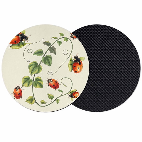 Ladybugs Eucalyptus Coasters Set of 2, Absorbent Coasters for Drinks, Spring Botanical Leaves Green Coaster for Desk Coffee Table Protection, Home Decor House Warming Gifts 4"