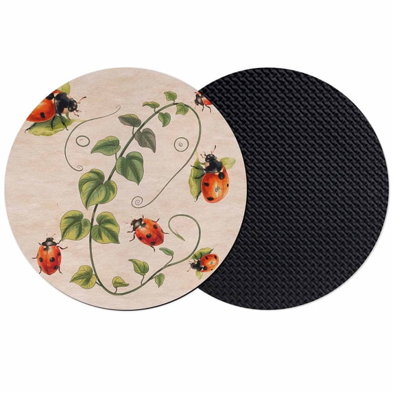 Ladybugs Eucalyptus Coasters Set of 2, Absorbent Coasters for Drinks, Spring Botanical Leaves Retro Coaster for Desk Coffee Table Protection, Home Decor House Warming Gifts 4"