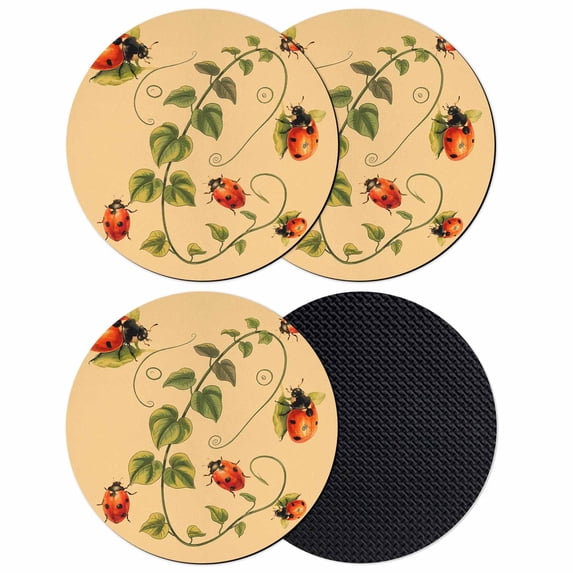 Ladybugs Eucalyptus Coasters Set of 4, Absorbent Coasters for Drinks, Spring Botanical Leaves Yellow Coaster for Desk Coffee Table Protection, Home Decor House Warming Gifts 4"