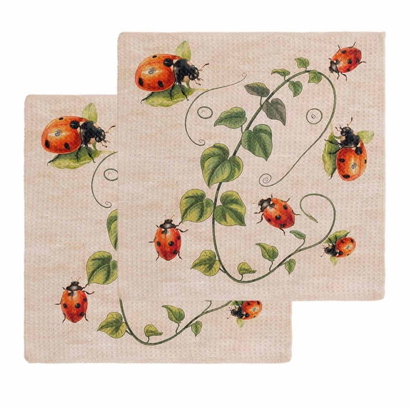 Ladybugs Eucalyptus Kitchen Dish Towels for Drying Dishes Set of 2, Spring Botanical Leaves Retro Waffle Weave Microfiber Hand Tea Bathroom Towels Quick Dry & Absorbent Towel 12x12
