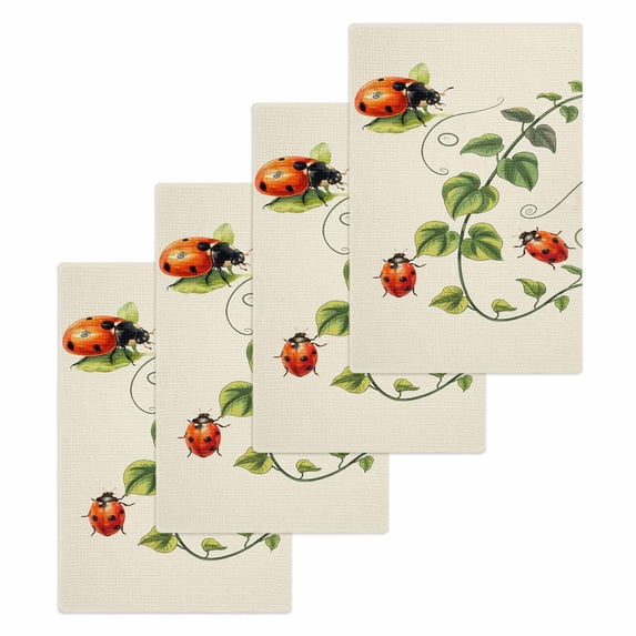 Ladybugs Eucalyptus Kitchen Dish Towels for Drying Dishes Set of 4, Spring Botanical Leaves Green Waffle Weave Microfiber Hand Tea Bathroom Towels Quick Dry & Absorbent Towel 15.7x23.6