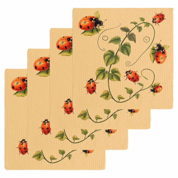 Ladybugs Eucalyptus Kitchen Dish Towels for Drying Dishes Set of 4, Spring Botanical Leaves Yellow Waffle Weave Microfiber Hand Tea Bathroom Towels Quick Dry & Absorbent Towel 12x12