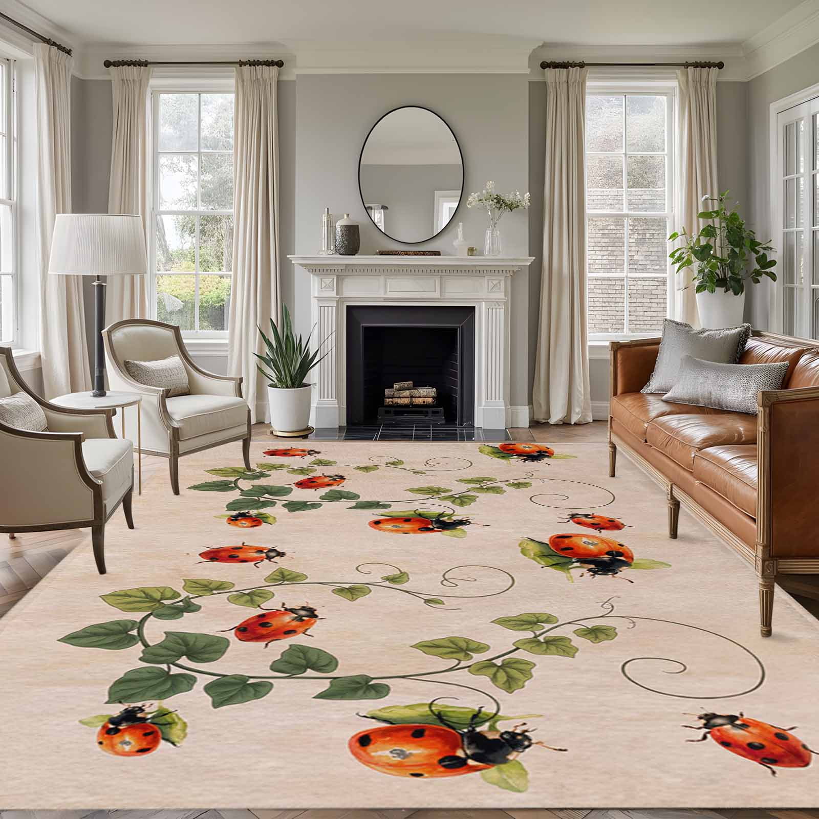 Ladybugs Eucalyptus Leaves Area Rugs 5'x7', Washable Small Throw Rugs for Laundry Room Playroom, Spring Botanical Vintage Indoor Outdoor Rug Non-Slip Low Pile Carpet Runner Reversible Floor Mats