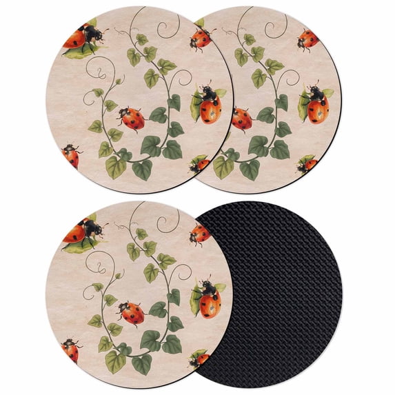 Ladybugs Eucalyptus Leaves Coasters Set of 4, Absorbent Coasters for Drinks, Spring Botanical Vintage Coaster for Desk Coffee Table Protection, Home Decor House Warming Gifts 4"