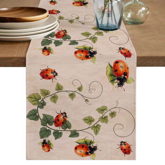 Ladybugs Eucalyptus Leaves Cotton Linen Table Runner for Dining Kitchen, Spring Botanical Vintage Wedding Outdoor Party Tablerunners Decoration, Dresser Scarf Coffee Tablecloth Runners 13x48 Inches