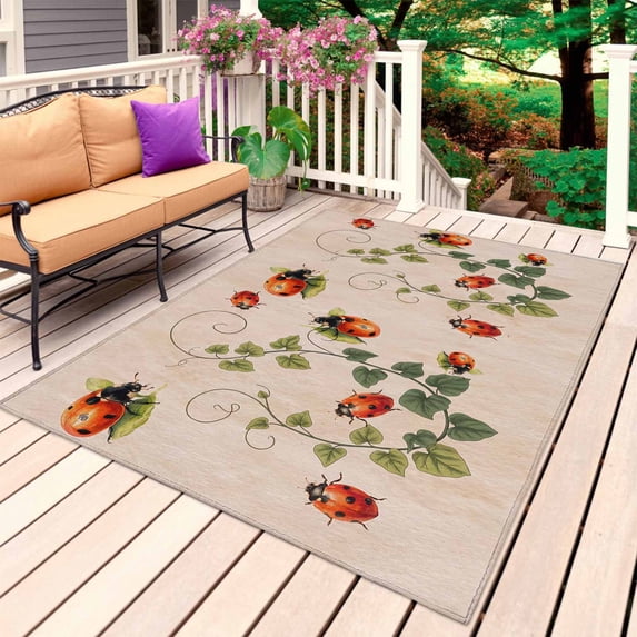 Ladybugs Eucalyptus Leaves Outdoor Rug 5x7 Ft, Non Slip Washable Area Rug, Spring Botanical Vintage Patio Rugs Carpet Runner, Large Floor Mat for Indoor/Outdoor Deck Porch Camping