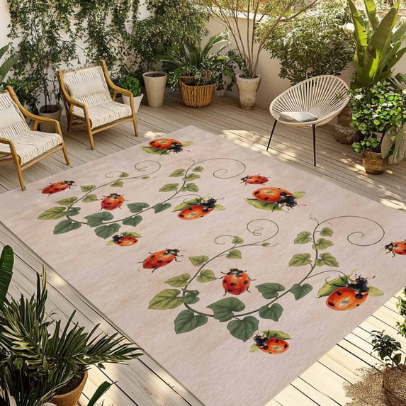 Ladybugs Eucalyptus Leaves Outdoor Rug for Patio/Deck/Porch, Non-Slip Large Area Rug 5 x 8 Ft, Spring Botanical Vintage Indoor Outdoor Rugs Washable Area Rugs, Reversible Camping Rug Carpet Runner
