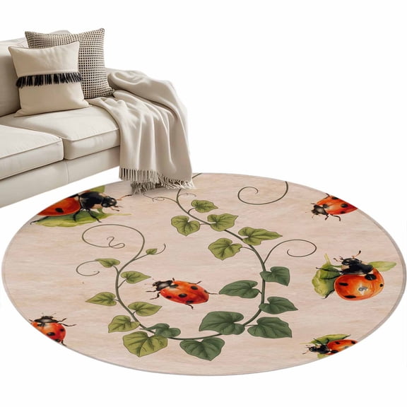 Ladybugs Eucalyptus Leaves Round Area Rugs Collection 3', Spring Botanical Vintage Non Slip Indoor Circular Throw Runner Rug Floor Mat Carpet for Living Room Dining Table Bedroom Nursery
