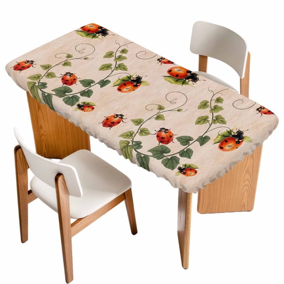 Ladybugs Eucalyptus Leaves Table Cloths for 4 Foot Rectangle Tables, Spring Botanical Vintage Patio Waterproof Elastic Fitted Tablecloths, Washable Rectangular Table Cover for Camping