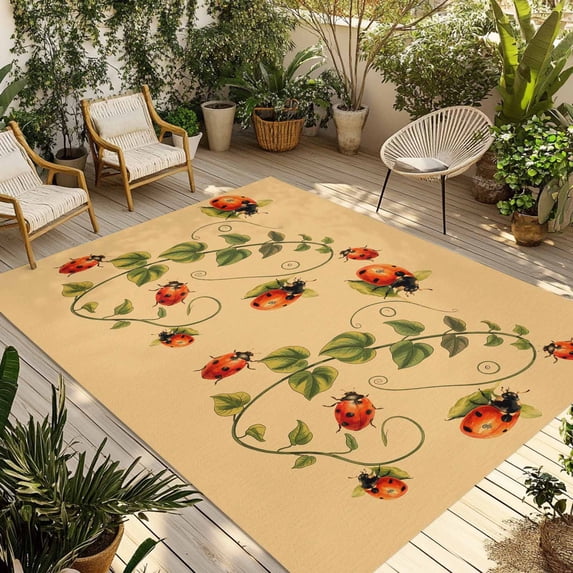 Ladybugs Eucalyptus Outdoor Rug for Patio/Deck/Porch, Non-Slip Large Area Rug 6 x 9 Ft, Spring Botanical Leaves Yellow Indoor Outdoor Rugs Washable Area Rugs, Reversible Camping Rug Carpet Runner