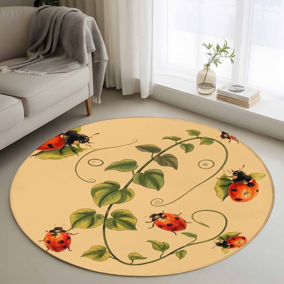 Ladybugs Eucalyptus Round Area Rug 3.3Ft Washable Circle Rugs for Dining Room Table, Spring Botanical Leaves Yellow Non-Slip Carpet Floor Mats Indoor Outdoor Carpet Runner Aesthetic Home Decor