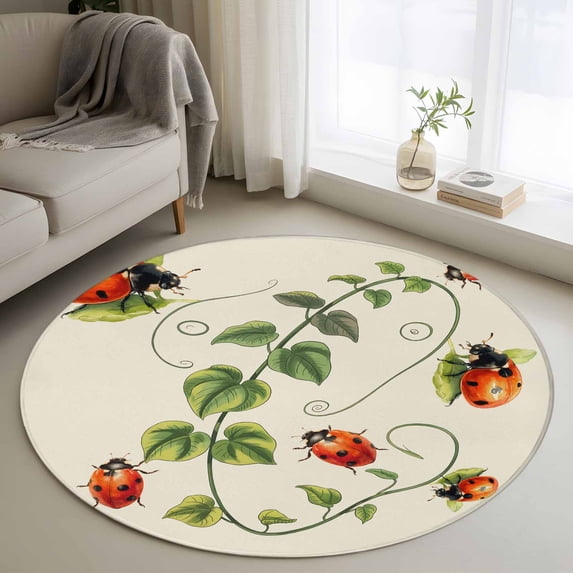 Ladybugs Eucalyptus Round Area Rug 3Ft Washable Small Circle Rugs for Kitchen Entryway, Spring Botanical Leaves Green Non-Slip Carpet Floor Mats Indoor Outdoor Carpet Runner Aesthetic Home Decor
