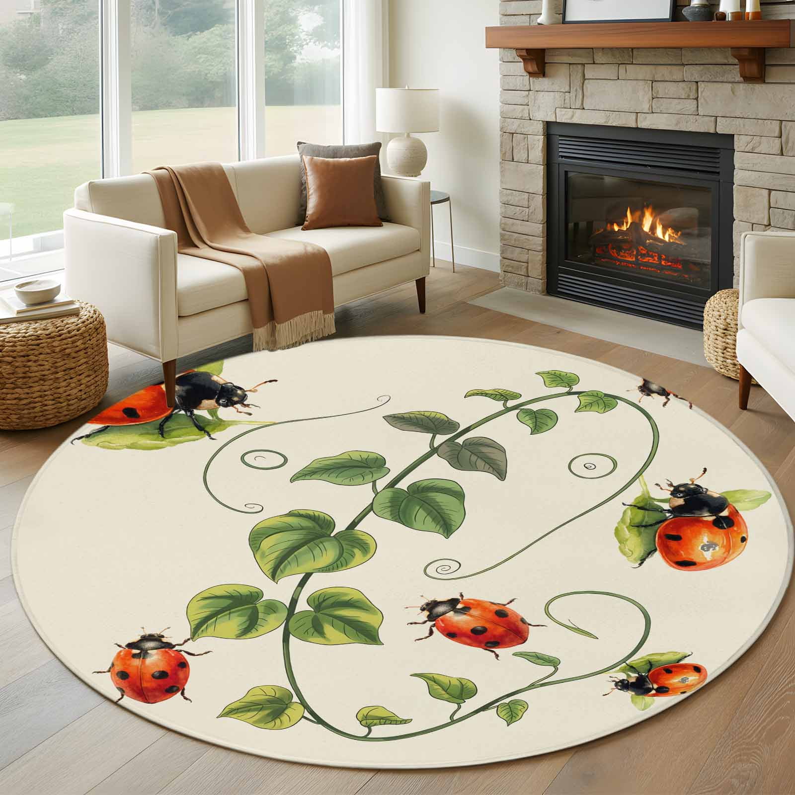Ladybugs Eucalyptus Round Area Rug 5Ft Washable Circle Rugs for Living Room Bedroom, Spring Botanical Leaves Green Non-Slip Carpet Floor Mats Indoor Outdoor Carpet Runner Aesthetic Home Decor