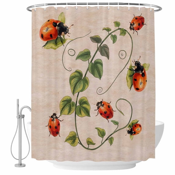 Ladybugs Eucalyptus Shower Curtain, Waterproof Shower Curtains for Bathroom, Spring Botanical Leaves Retro Washable Fabric Bathtub Curtain Set Bath Decor with 12 Hooks Extra Long 72"x96"