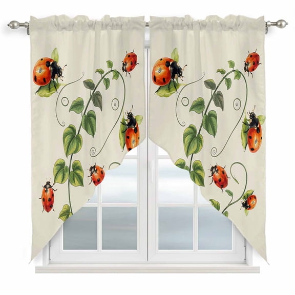 Ladybugs Eucalyptus Swag Curtains for Kitchen/Bedroom/Living Room, Spring Botanical Leaves Green Scalloped Curtains 63 Inch Long, Rod Pocket Window Swag Topper Curtains Valances 2 Panels Set 36"x63"