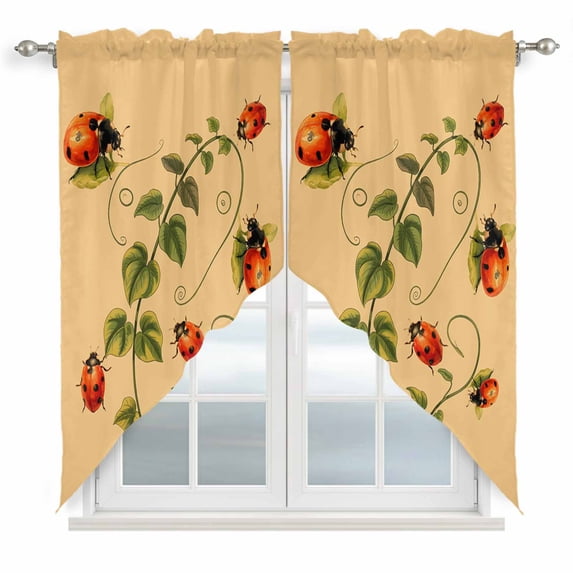 Ladybugs Eucalyptus Swag Valances for Windows, Kitchen Window Curtains Over Sink, Spring Botanical Leaves Yellow Window Treatment Curtains for Living Room/Bedroom Curtains 2 Panel Sets 36"x45"