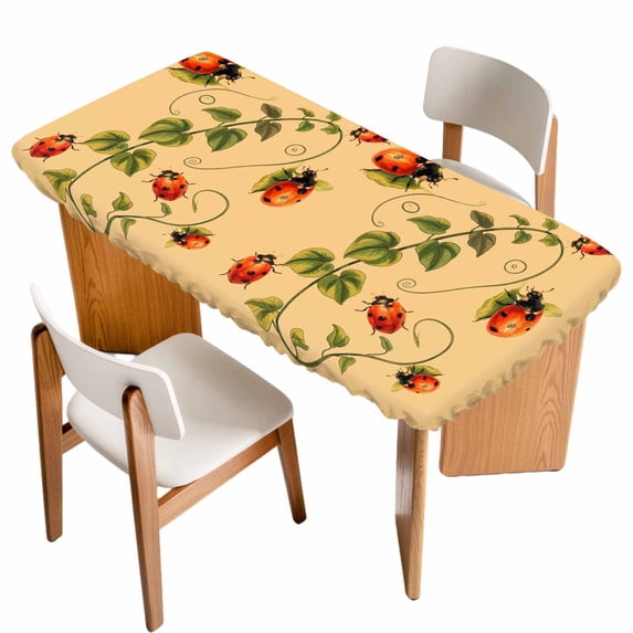 Ladybugs Eucalyptus Table Cloths for 5 Foot Rectangle Tables, Spring Botanical Leaves Yellow Patio Waterproof Elastic Fitted Tablecloths, Washable Rectangular Table Cover for Camping