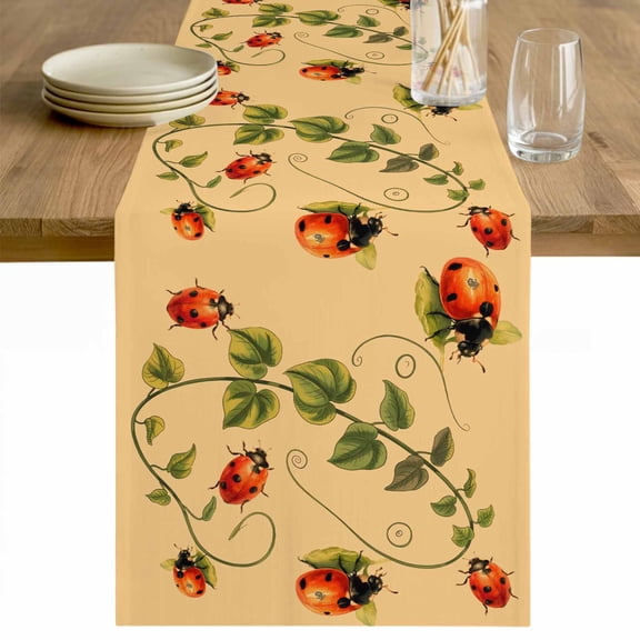 Ladybugs Eucalyptus Table Runner - 36 Inch Long Spring Botanical Leaves Yellow Cotton and Linen Blended Dress Scarves Farmhouse Table Runner for Kitchen Dining, Coffee Table, 13" x 36"