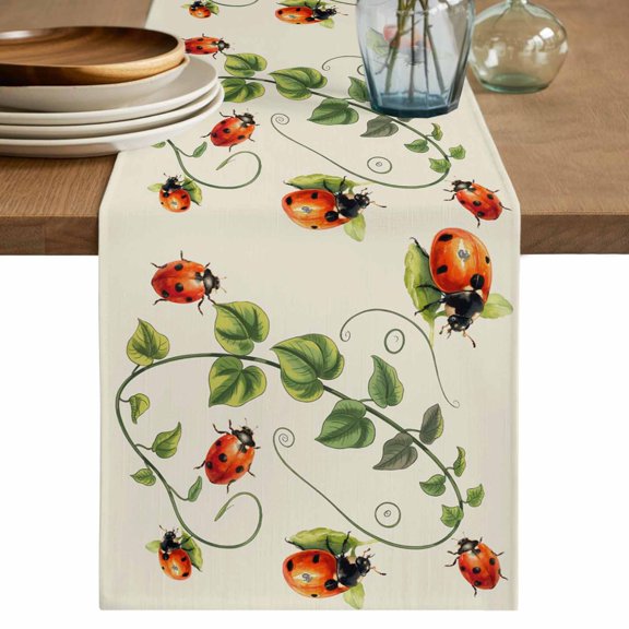 Ladybugs Eucalyptus Table Runner, Spring Botanical Leaves Green Washable Cotton Linen Table Runners 36 Inches Long, Dresser Scarf Runner for Nightstand/End Tables/Round Tables 13''x36''