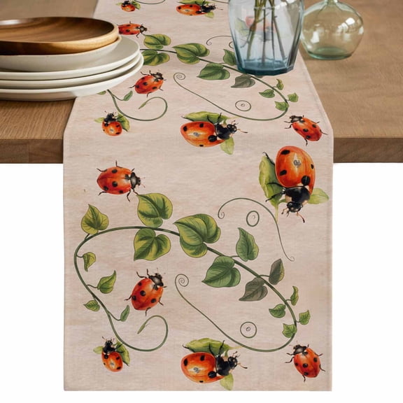 Ladybugs Eucalyptus Table Runner, Spring Botanical Leaves Retro Washable Cotton Linen Table Runners 72 Inches Long, Dresser Scarf Runner for Dining/Coffee/Kitchen/TV Stands/Cabinets 13''x72''