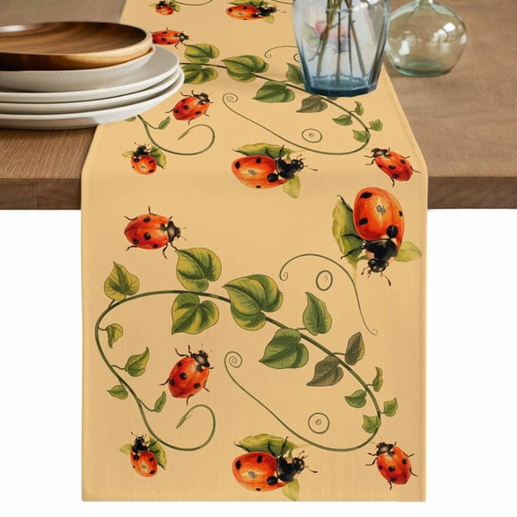 Ladybugs Eucalyptus Table Runner, Spring Botanical Leaves Yellow Washable Cotton Linen Table Runners 48 Inches Long, Dresser Scarf Runner for Nightstand/Coffee/End Tables 13''x48''